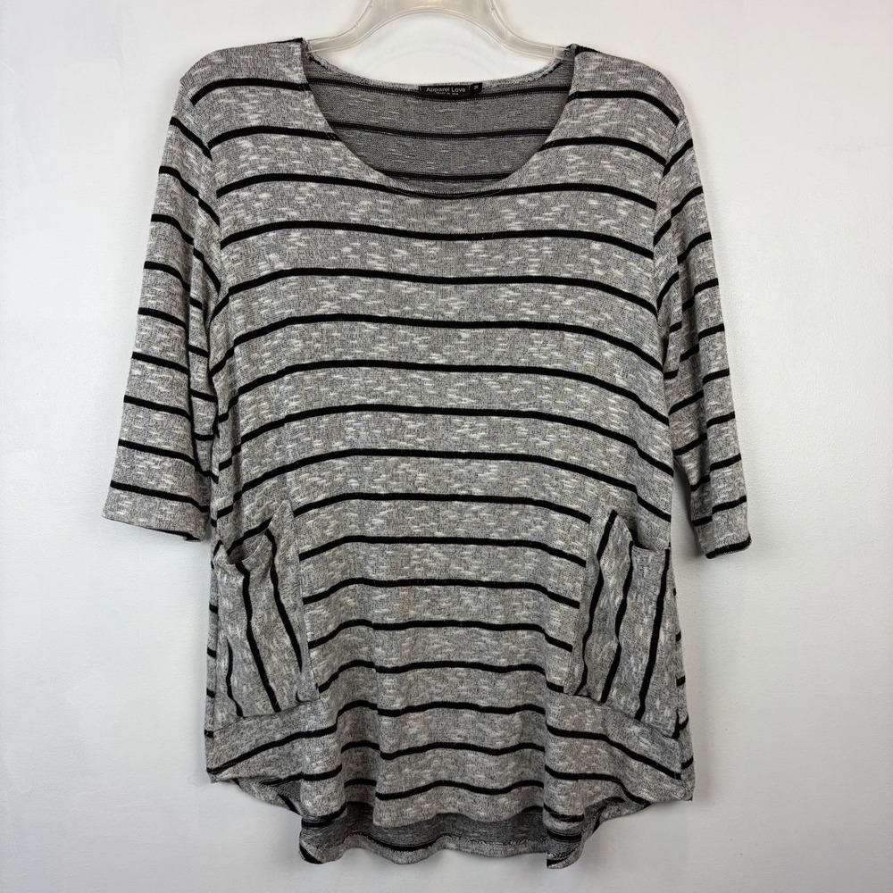 Tunic Top Womens Medium Gray Black Striped Soft Boho Peasant Cozy Made USA